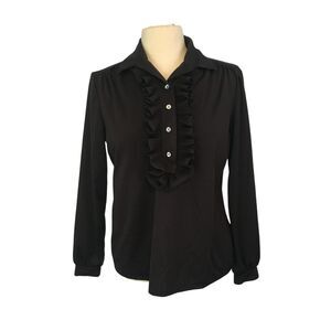 Lee Mar Vintage Womens Black Knit Secretary Blouse, Ruffle Front, 40‎ bust, Top